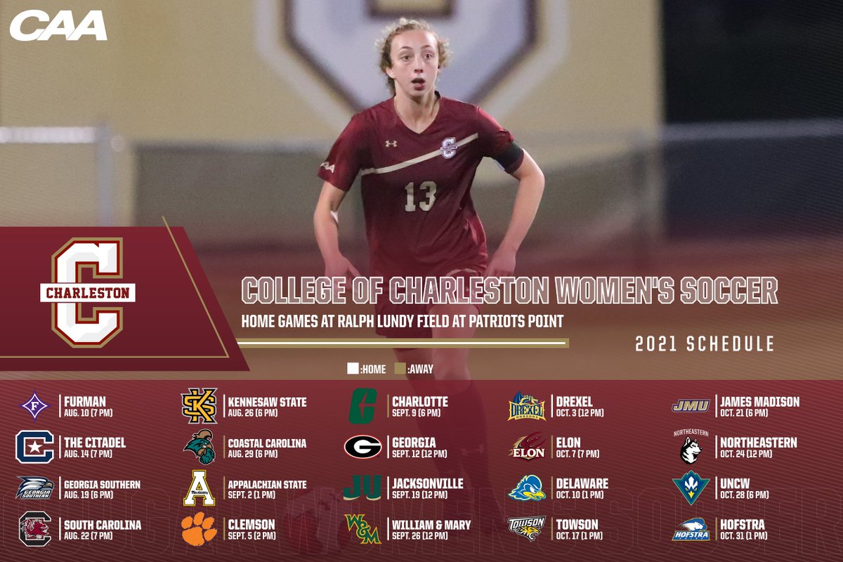 Home games against South Carolina and Georgia highlight the 2021 Cougar women's soccer schedule. 

Admission to Ralph Lundy Field at Patriots Point will be free this season.

(Note: Games against Furman and The Citadel are exhibitions)

#comeCus