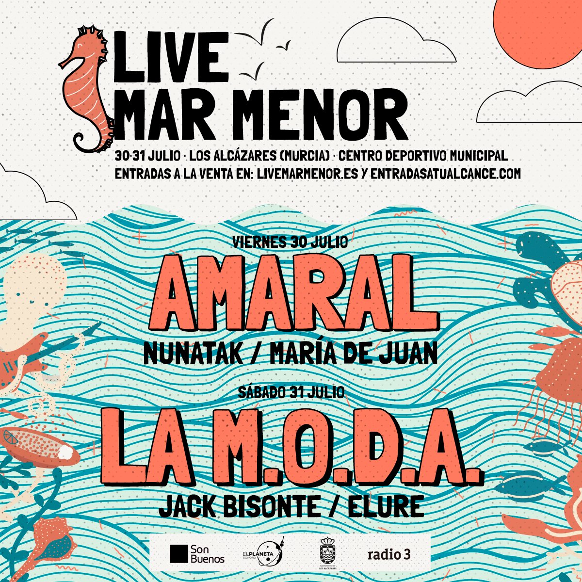 livemarmenor's tweet photo. ☀️🎧 Cada vez más cerca el #LiveMarMenor con @amaraloficial, @estoesLaMODA, @HolaNunatak, @jackbisonte, @soymariadejuan y @ElureBand. Los días 30 y 31 de julio en Los Alcázares
Ya van quedando pocas entradas las puedes encontrar en https://t.co/gOd3M9gUkb
#PorUnMarMenorVivo 🌊 https://t.co/fFfjfK9Ny4
