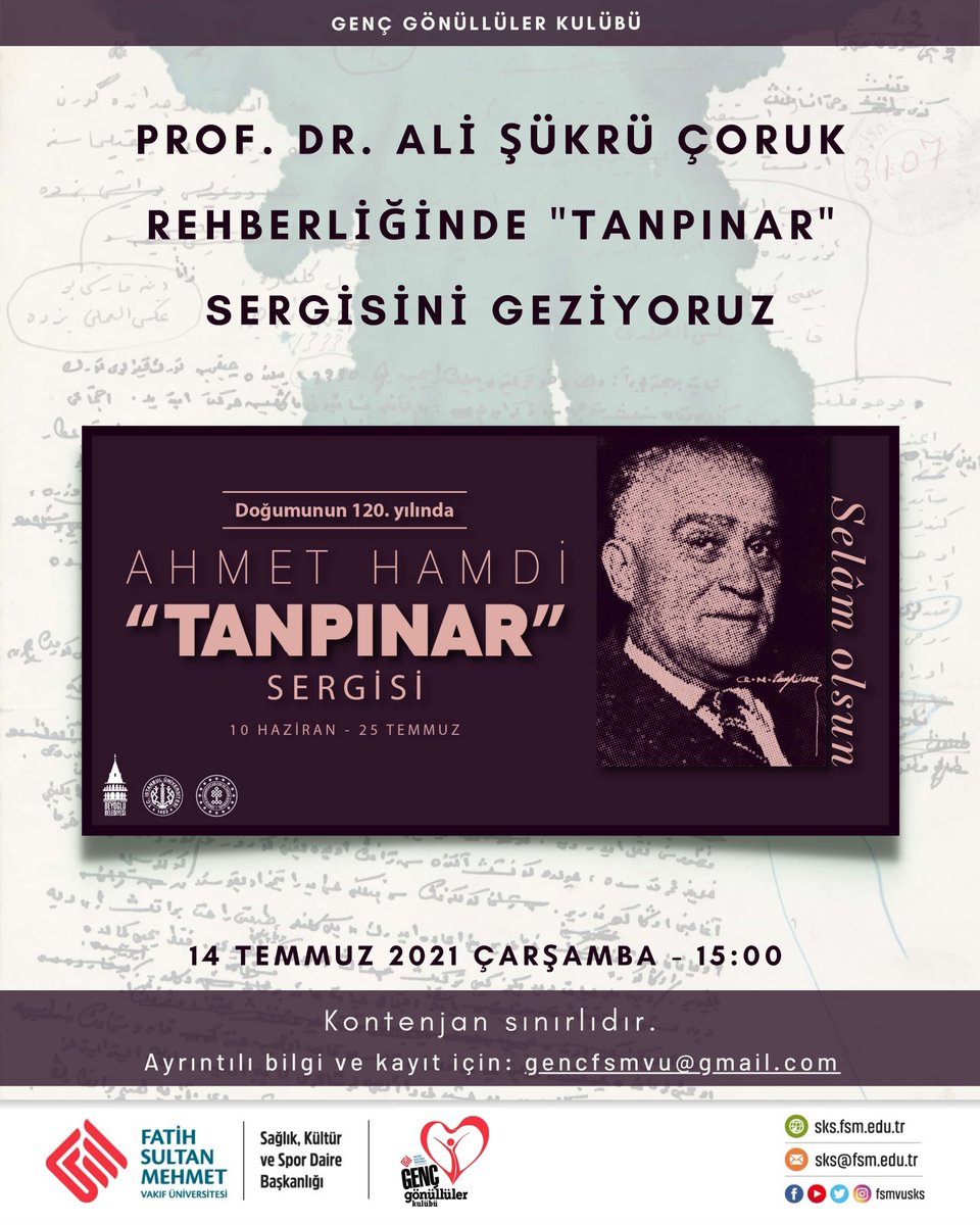 Fsmvusks's tweet photo. @alisukrucoruk rehberliğinde "Tanpınar Sergisi"ni gezmek isterseniz Genç Gönüllüler Kulübümüz ile iletişime geçebilirsiniz.😊👉 @GencFsmvu 

@fsmvu https://t.co/tZDPFz11V7