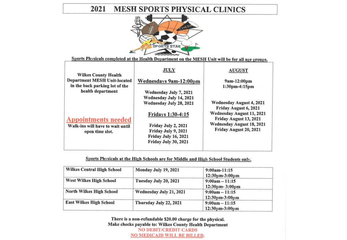 The MESH Unit will be providing Sports Physical Clinics this summer at the Wilkes County Health Dept &amp; at our high school locations.  The Wilkes County Health Dept and the MESH Unit do not require insurance and will provide a brief sports physical for $20.
wilkescountyschools.org/apps/news/arti…