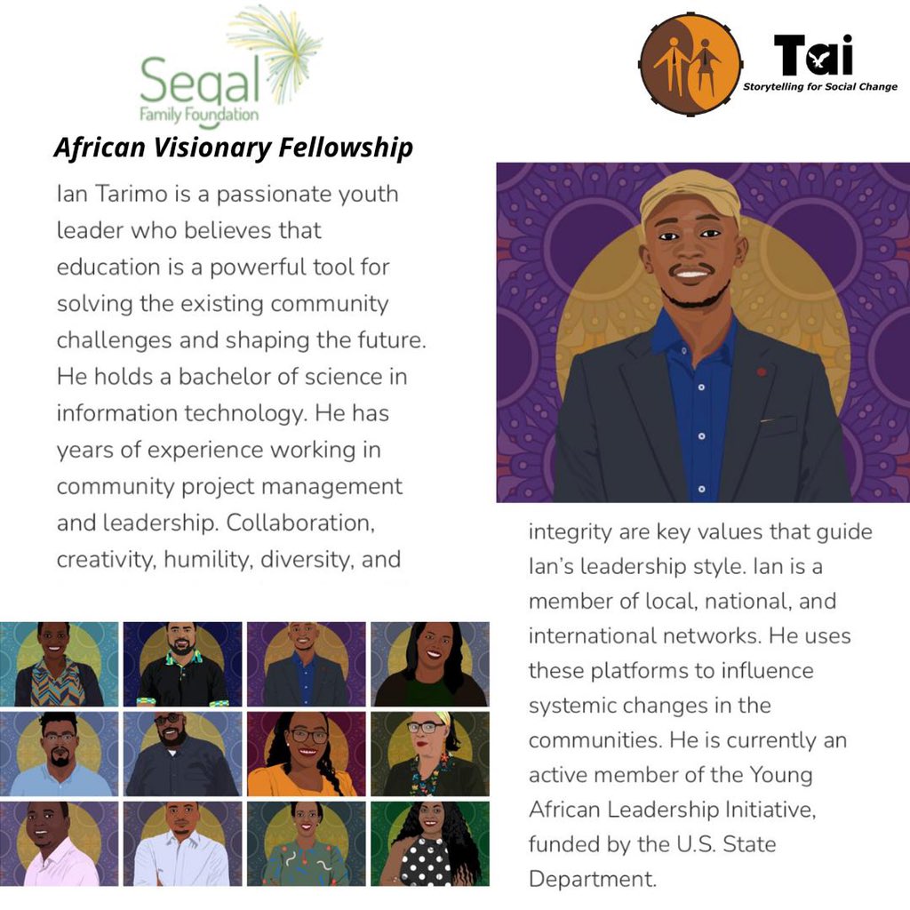 Visionary African:

Congratulations to our Executive Director @iantarimo for being among the 12 changemakers selected for the #AfricanVisionaryFellowship initiated by @segalfamilyfoundation
#SFFrockstars
#teamtai
#taiblueprint