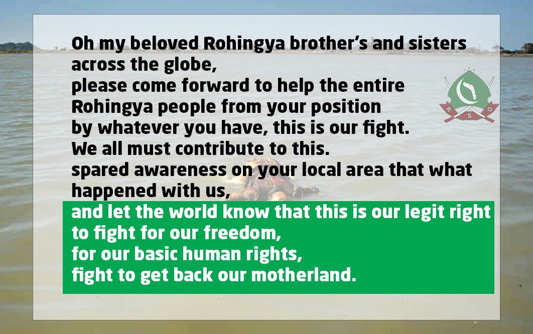 rsomedia's tweet photo. let the world know that this is our legit right to fight for our freedom, for our basic human rights, fight to get back our motherland.
#HumanRights #FightForFreedom #arakan_is_rohingyas_motherland #letsend #Myanmar #RSO https://t.co/7odJXGlDrP