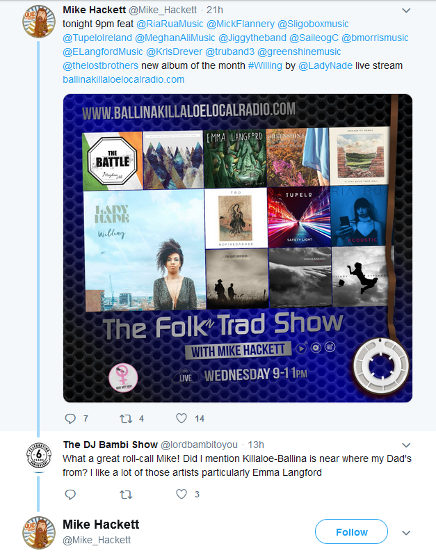 Mike_Hackett's tweet photo. I folk'n hate deletin' tweets #dumbass this was a folk'n good show, new album of the month @LadyNade  + new music @TupeloIreland, @MeghanAliMusic @bmorrismusic + the acoustastic @RiaRuaMusic &amp; @GaslightTroubs ft @elizacarthy final repeat Sunday from 9pm https://t.co/vwn82MITnr https://t.co/UYt4QtpMvq