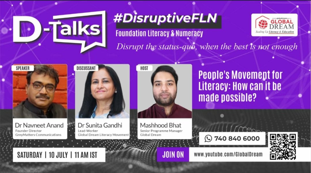 DrSunitaGandhi's tweet photo. 🔹️Live Today, July 10, 11 am (IST) 
🔹️Global Dream D-Talks: https://t.co/MgZRxNrPEj
🔹️With @navneetanand, Founder Director, @GreyMattersPR
🔹️Topic - #peoplesmovement for #iteracy: How can it be made possible?

#dtalks #disruptiveeducation #education #NGO @EduMinOfIndia https://t.co/wLg0MrBBqy