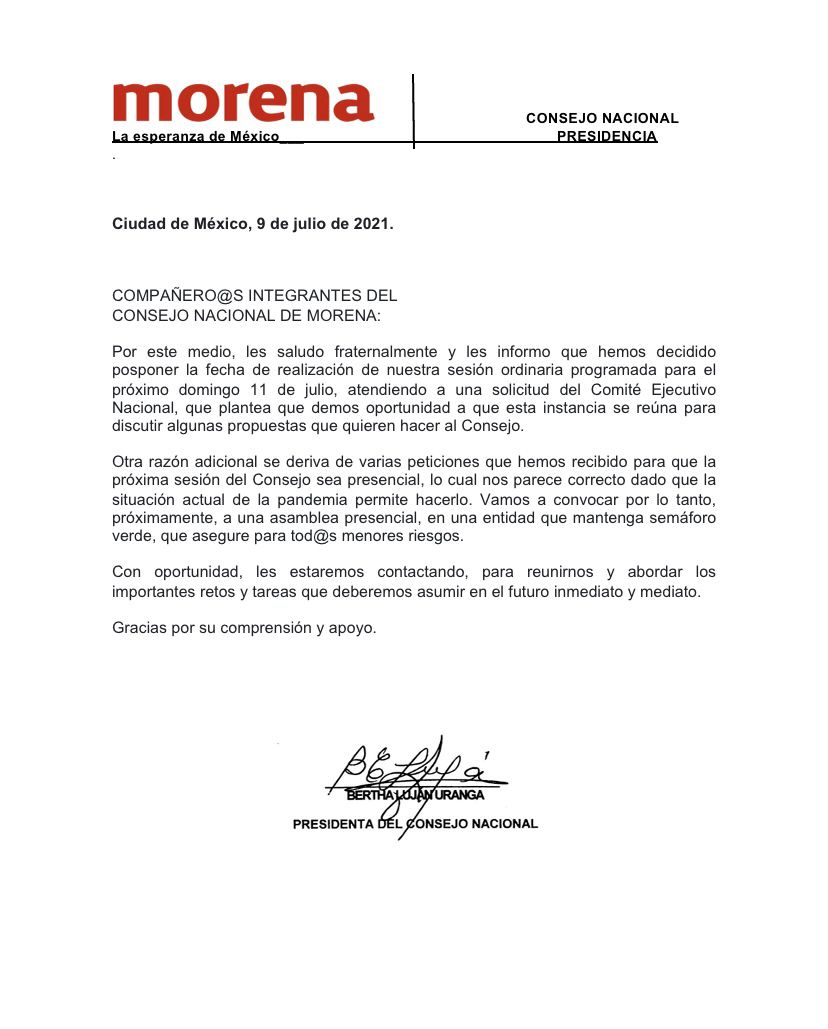 Anuncia Morena la suspensión de la sesión ordinaria del Consejo Nacional del instituto político, que se celebraría el próximo 11 de julio.