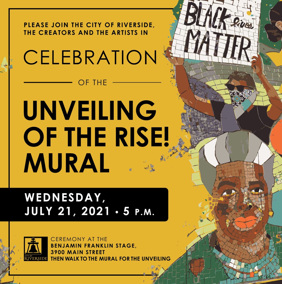 riversidecagov's tweet photo. As the City of Arts &amp; Innovation, we're thrilled to announce a new addition to our City's beautiful collection of murals. Join us Wednesday, July 21 at 5PM for the unveiling of the RISE! Mural. 

For more information and to RSVP, email: SpecialEvents@RiversideCA.gov https://t.co/7VpPBnHd3w