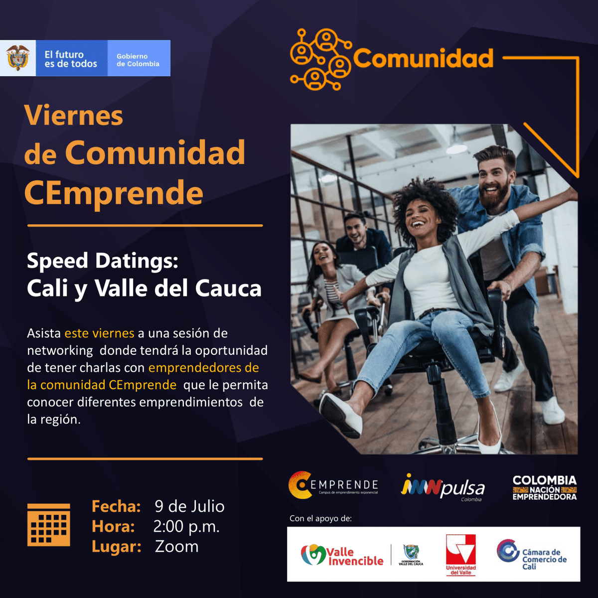 InnpulsaCol's tweet photo. #ValledelCauca | Participa #HOY a las 2 pm del #SpeedDatings. Generaremos un espacio de Networking entre emprendedores donde podrás compartir y presentar tu empresa para generar conversaciones 1 a 1 con los demás participantes.
Inscríbete 👉 https://t.co/NTOtD7UZAd https://t.co/3uUI3fdcvI