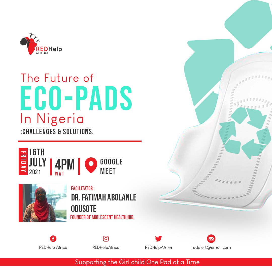 REDHelpAfrica's tweet photo. Volunteer Training:
The Future of Eco- Pads in Nigeria; Challenges & Solutions
Facilitator: @dokitabikey
Date: Friday 16th July, 2021.
Time: 4pm
Google Meeting ⏳
#RedPush #BetterTogether https://t.co/Jiid0i9AGd