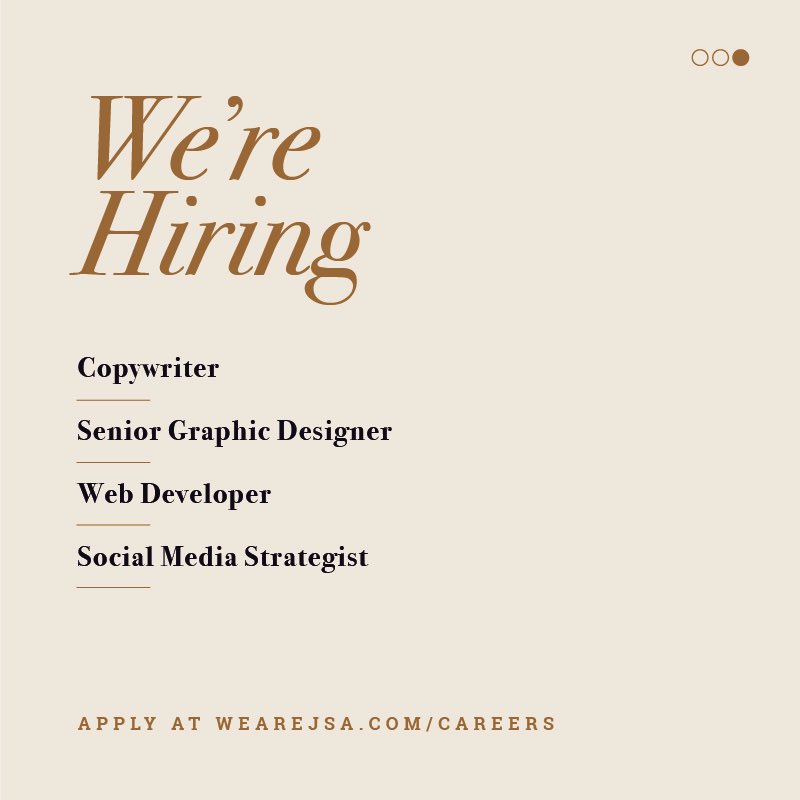 Hey, you. Yeah, YOU. 

We’re looking for a few talented individuals to join our growing team. If you think you’re special and just wanna tell someone about it (aside from your mom), we’re all ears. Apply today at wearejsa.com/careers. 

Go, go, go!