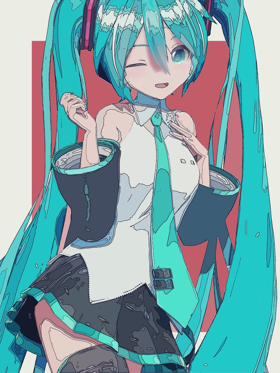 hatsune miku 1girl solo one eye closed long hair skirt necktie twintails  illustration images