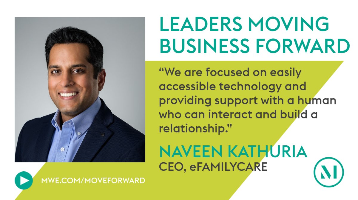 Family #caregivers face incredible stress &amp; other challenges. How is <a href="/eFamilyCare/">eFamilyCare</a> providing resources and support to improve #eldercare? CEO Naveen Kathuria answers this question &amp; more in #LeadersMovingForward. Watch now: moveforward.mwe.com/#efamilycare #healthtech #digitalhealth