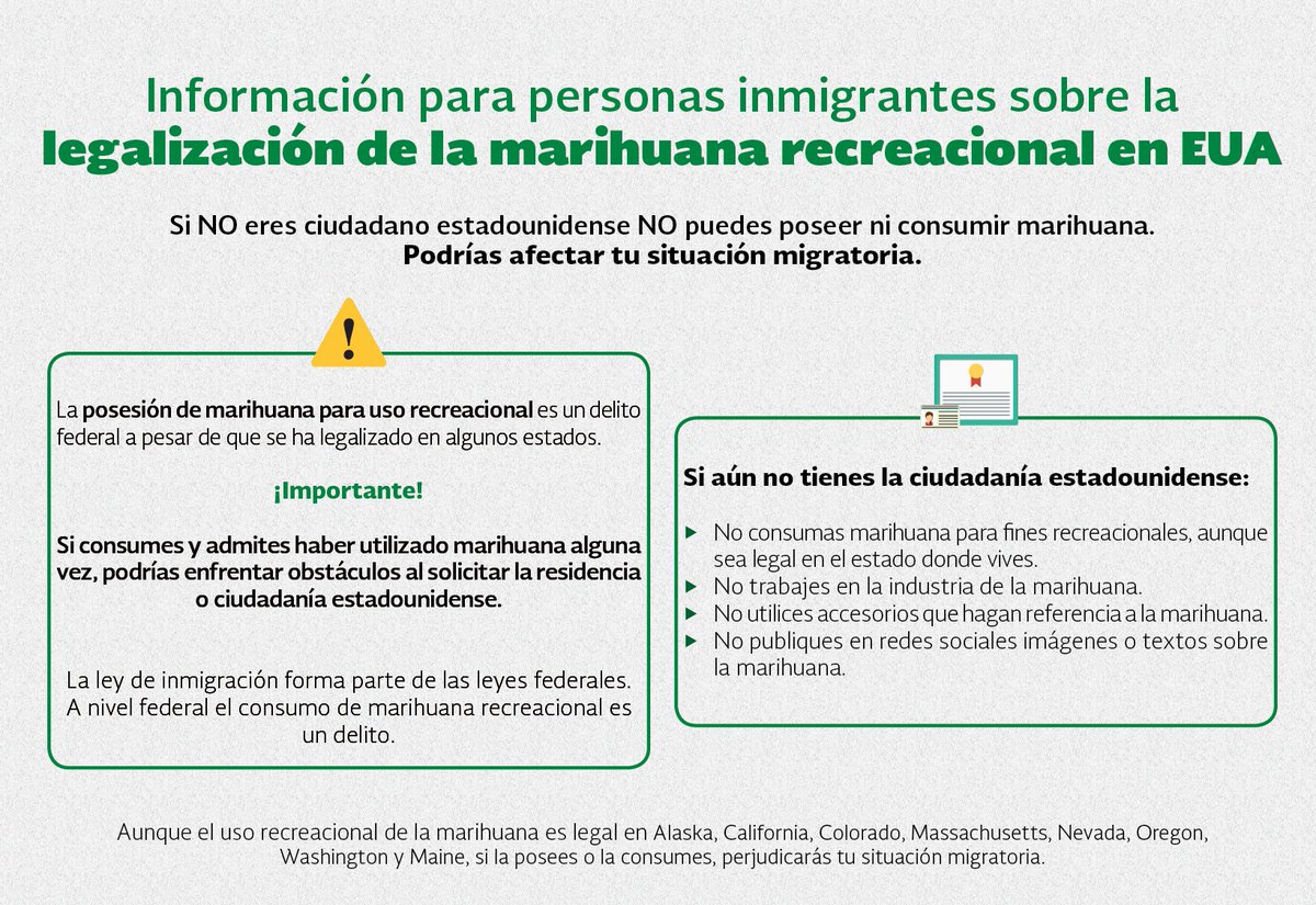 consulmexsjo's tweet photo. Si no tienes la ciudadanía estadounidense #NoConsumas #NoVendas #NoTrabajesMariguana. Es un delito federal y puede afectar tus trámites migratorios. 👀¡Infórmate! Llama al #CIAM al ☎️ (520) 623-7874 👇#ProtecciónConsular 🇲🇽 #PasaLaVoz 🗣️ https://t.co/QTJcHnVwwI