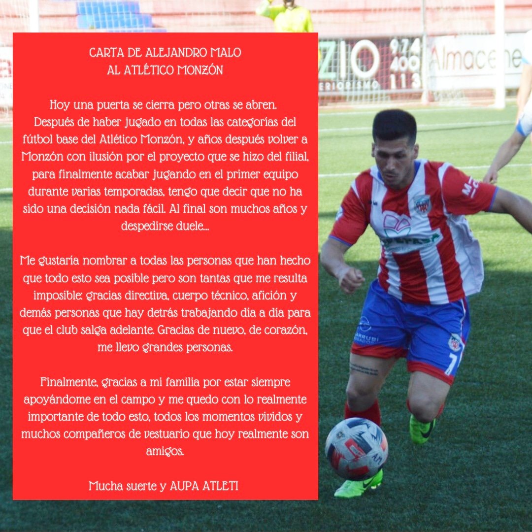 AtcoMonzon's tweet photo. ⚪🔴 ALEJANDRO MALO

Alejandro Malo no continuará la temporada que viene vistiendo la camiseta de su Atlético Monzón.

Jugador que ha pasado por todas las categorías del fútbol base hasta hacerse un hueco en el primer equipo. https://t.co/66rK77g4ub
