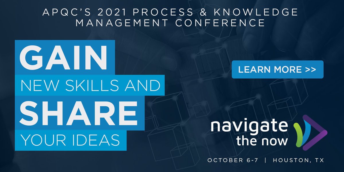 Navigate the process and knowledge management concerns you’re facing with <a href="/APQC/">APQC</a>’s 2021 Process and Knowledge Management Conference October 6-7. Learn more - #APQC2021https://www.apqc.org/events/2021/apqc-conference