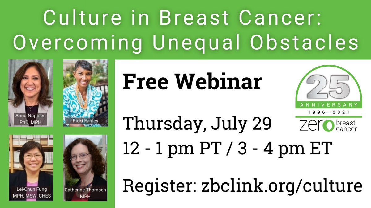 zerobreastcancr's tweet photo. Join us 7/29 @ 12 pm PT for our FREE webinar "Culture in Breast Cancer: Overcoming Unequal Obstacles." Register to learn about research on culture and how organizations are meeting the needs of individuals &amp; communities. https://t.co/Q2AgOw1jSL

#ZeroBreastCancer
#ZBCbridge https://t.co/idxYjM8tRm