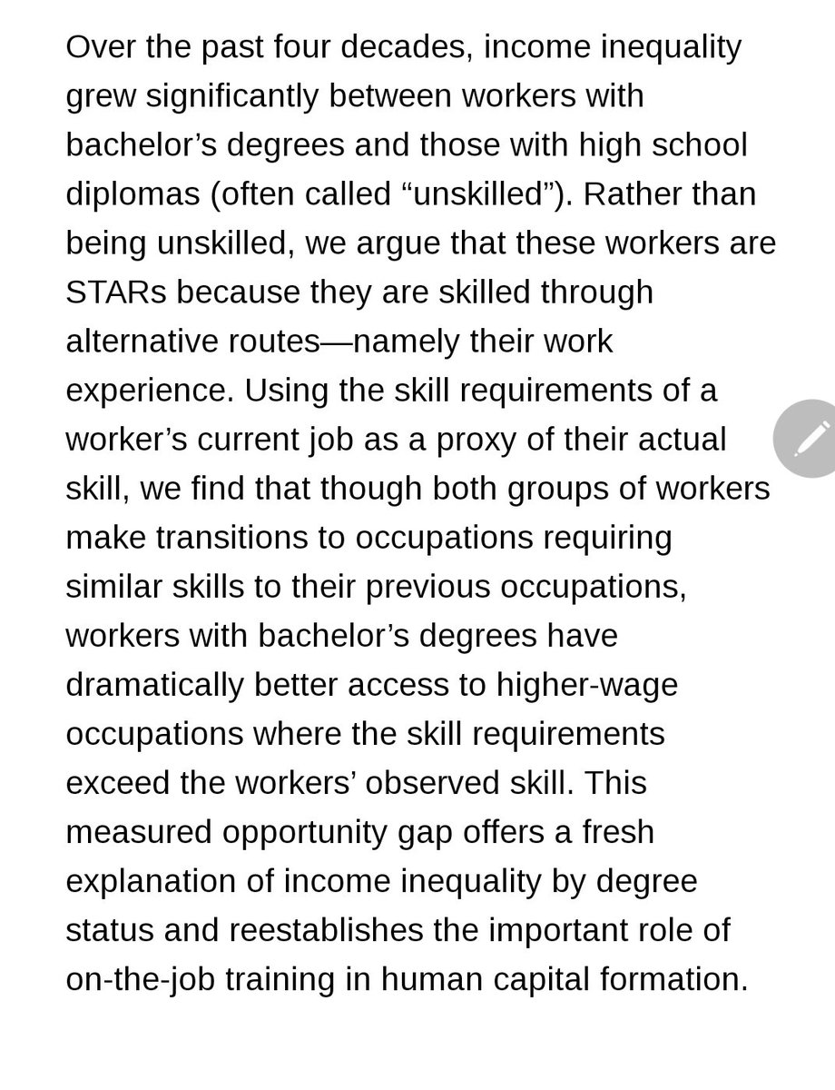Our new paper 'Skills, Degrees and Labor Market Inequality' is out @nberpubs: nber.org/papers/w28991. 
Headline: a key component of Labor market inequality comes from an opportunity gap faced by workers w/o degrees whom we call STARs!
@DebroyPapia @justinheck @OpptyatWork @hgse