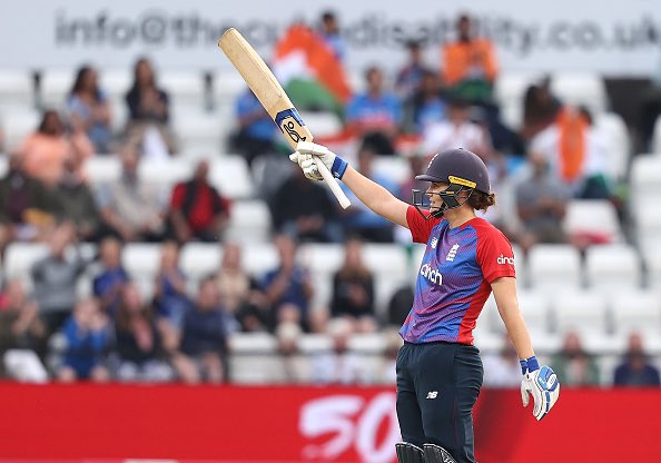 Natalie Sciver smashed 55 off 27 balls as England sets a target of 178 for India.