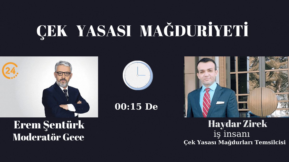 #CekYasasıMagdurları

Bu gece <a href="/yirmidorttv/">24 TV</a> de Sn.<a href="/EremSenturk/">Erem Şentürk</a> ile çek yasası ile ilgili kanun teklifi hakkında konuşucaz

Torba Yasada teklif edileni değil, uygulanabilir olanı dile getiricez
#CekeHapisCezasıKalksın

@by <a href="/nurettincanikli/">Dr. Nurettin Canikli</a> <a href="/nacibostanci/">M. Naci Bostancı</a> <a href="/mustafaelitas/">Mustafa Elitaş</a> <a href="/yilmaztunc/">Yılmaz TUNÇ</a>