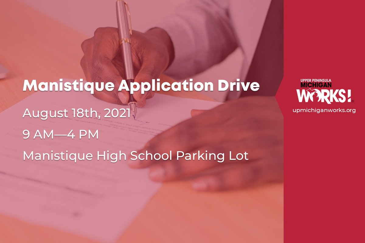 UPMichiganWorks's tweet photo. #GetReadytoWin at the Manistique Application Drive at Manistique High School on August 18th! π
One application can be your ticket into multiple positions!
#UPJobs https://t.co/8mvwyZw7e7