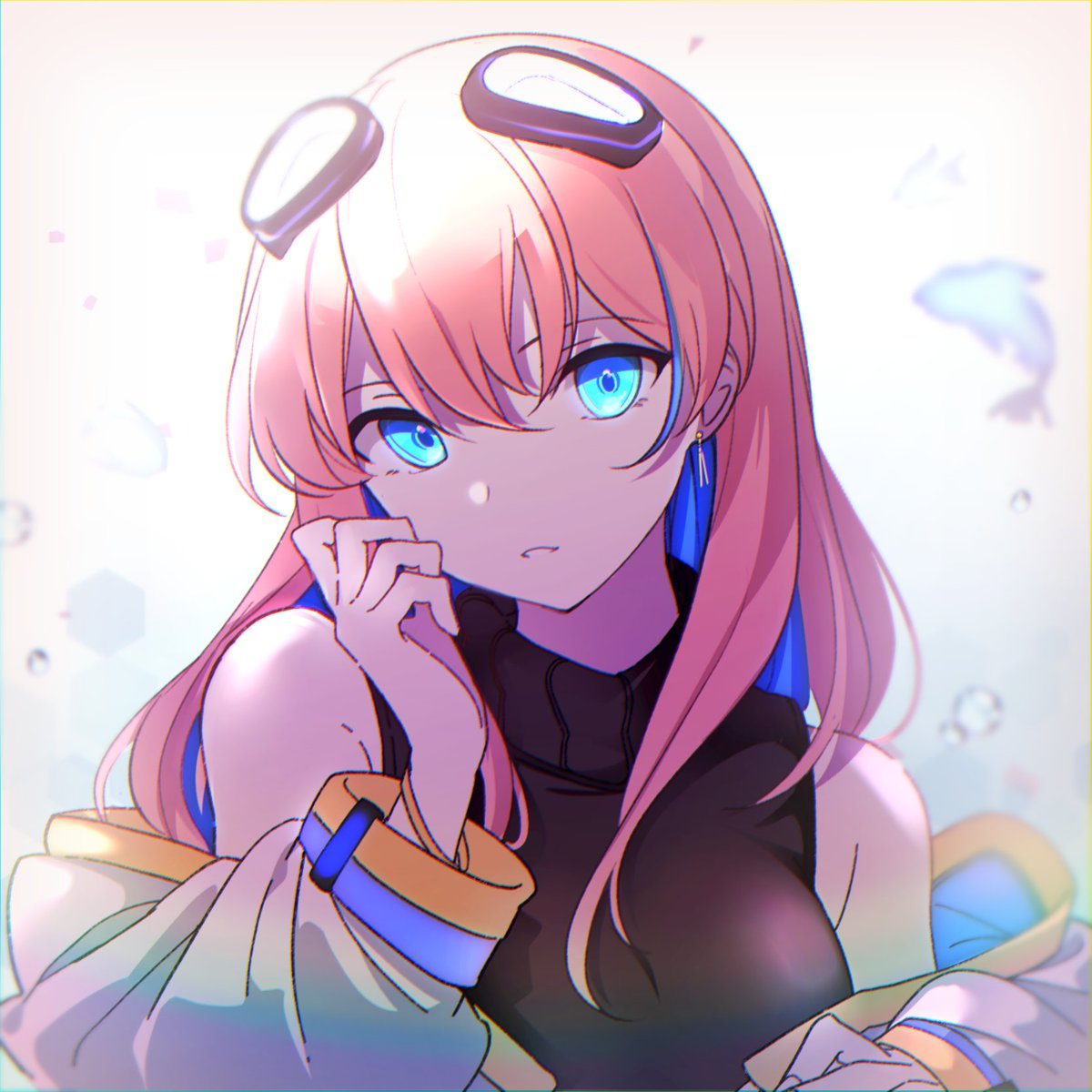 1girl solo blue eyes pink hair looking at viewer jewelry goggles on head  illustration images