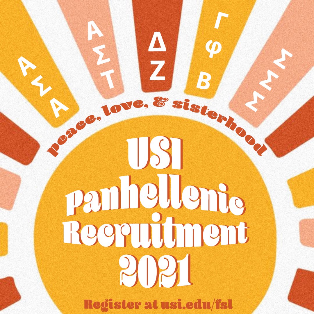 ☮︎ FORMAL RECRUITMENT REGISTRATION IS OPEN ☮︎ 

Find your PEACE, LOVE, &amp; SISTERHOOD with the Panhellenic chapters this fall! ☮︎

Register online at usi.edu/fsl. Recruitment registration is open until September 14th, 2021! 

✰#usipanhellenic ✰ #gogreek ✰