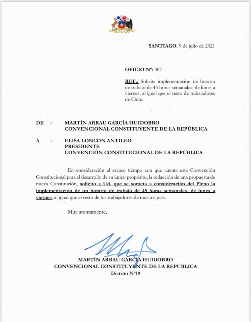 Le he pedido a la presidenta <a href="/ElisaLoncon/">Elisa Loncon Antileo</a> que implementemos un horario laboral de 45 horas semanales, al igual que todos los chilenos. No podemos tener privilegios, debemos ser parte de la solución y no del problema.