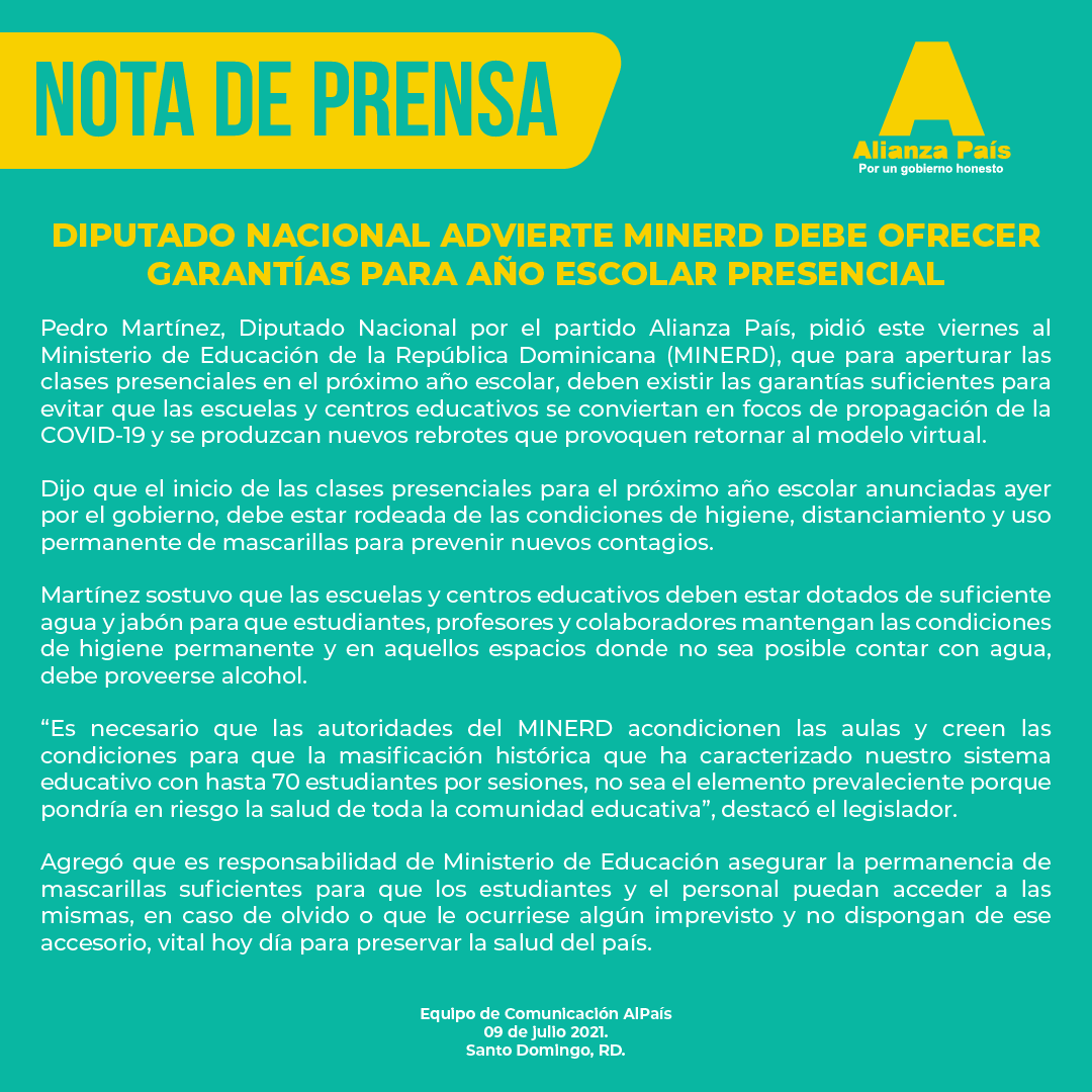 AlianzaPaisRD's tweet photo. 📰 "Diputado Nacional advierte MINERD debe ofrecer garantías para año escolar presencial".
#AlianzaPaísRD #PedroMartínez #ClasesVirtual #Covid19 https://t.co/R3SC90LWys