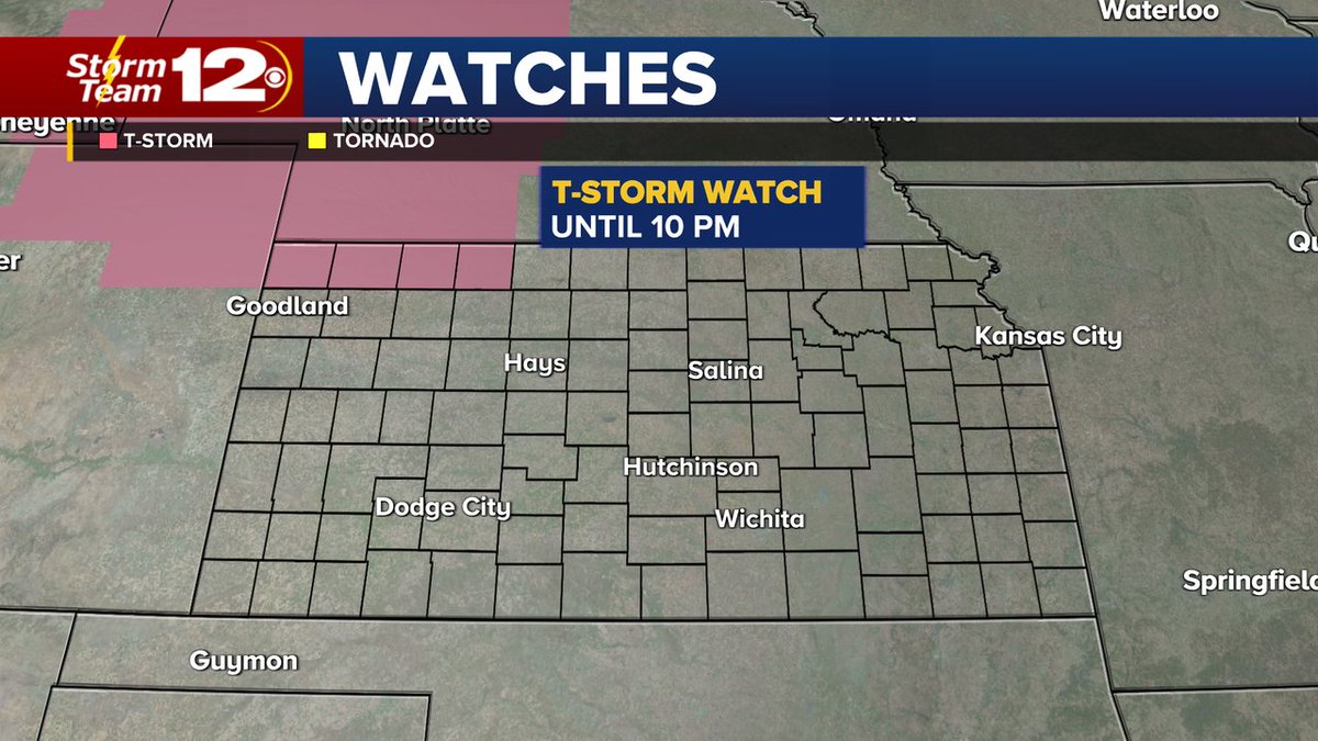A Severe Thunderstorm Watch has been issued for northwestern Kansas until 10 p.m. Wind gusts around 70 mph and hail around 2 inches in diameter will be possible this evening. Please stay weather aware today if you're in this area! #kswx #storm12
