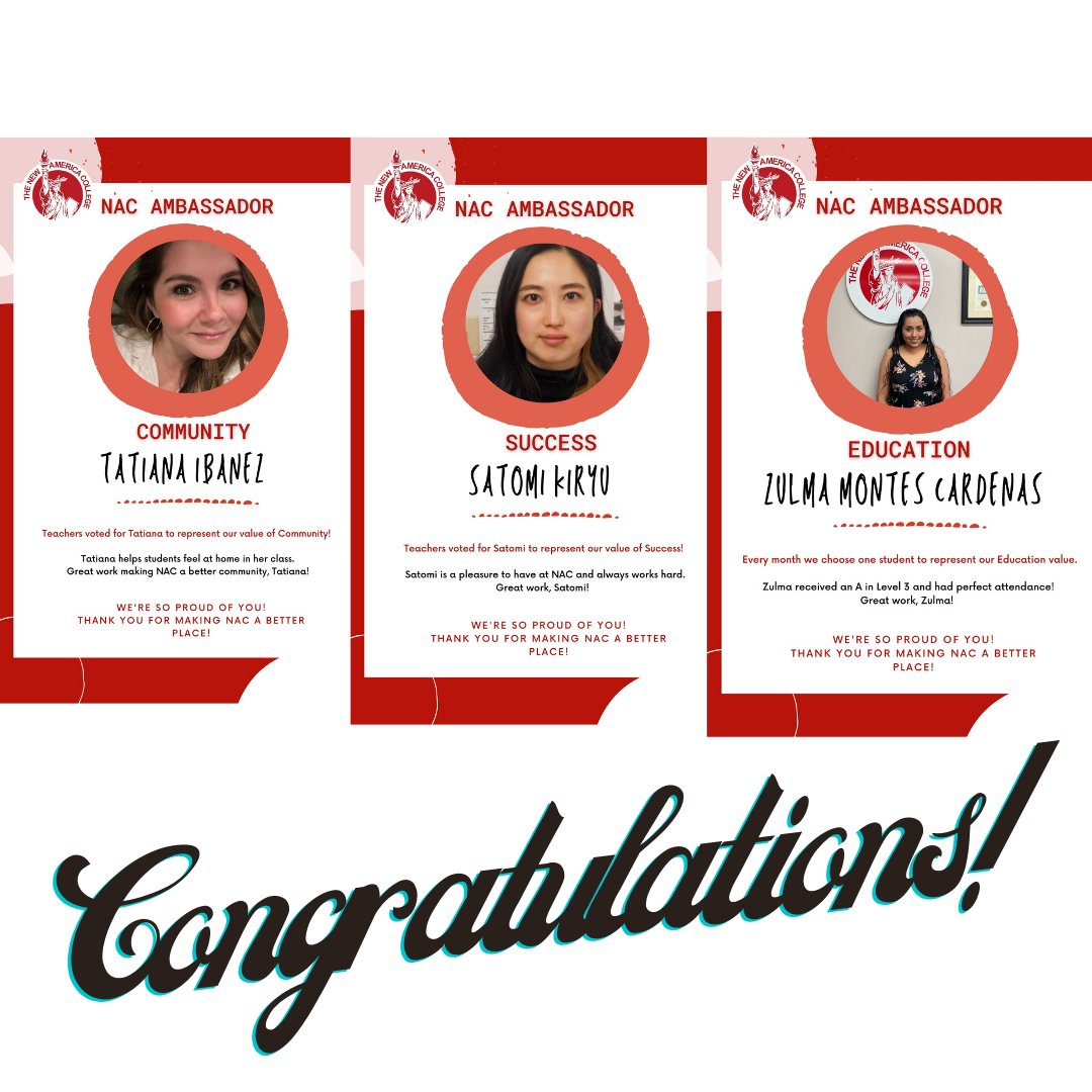 NACdenver's tweet photo. Congratulations to our Ambassadors of the month! #chooseNAC #NACsocial #esl #denver https://t.co/T7jfDIwDsk