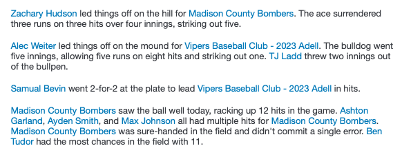 PrimetimeKYHQ's tweet photo. Vipers Baseball - 2023 Adell Fall Short To Madison County Bombers, 9-4.  Whoa Bombers' Ashton Garland, Max Johnson and Ayden Smith all have a 3for game.  Ayden Smith with 2B and 3B.  Max Johnson adds a 3B.  Samual Bevin has a 2-2 day for the Vipers - Adell.  #16uLSQ @PBRKentucky https://t.co/YzDPBawqVv