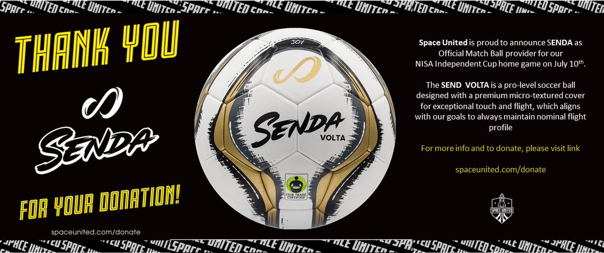SpaceUnitedFC's tweet photo. Official Match Ball ⚽ for tomorrow's #NISAIndCup is brought to you by @SendaAthletics.
We are proud to partner with Senda because they are certified fair trade. Additionally, their thermally bonded balls ensures it maintains NOMINAL FLIGHT! #norminal
Thank You Senda! https://t.co/W5Iv1Jz2fu