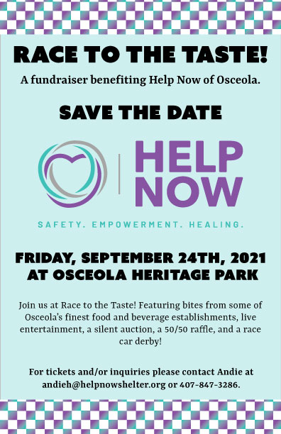We are getting closer to our fundraiser "Race to the Taste" on September 24th at Osceola Heritage Park! Mark it on your calendars and come out to support survivors of domestic violence in our community. 💜 (For tickets and corporate sponsorships, visit: helpnowshelter.org/events)