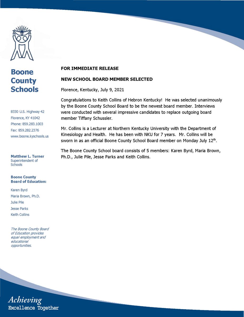 Congratulations to Keith Collins of Hebron Kentucky!  He was selected unanimously by the Boone County School Board to be the newest board member. 
facebook.com/TheBooneCounty…
<a href="/SuptTurner/">Matt Turner</a> <a href="/JimDetwiler1/">Dr. Jim Detwiler</a> <a href="/jlvw76/">Ayman eth</a> <a href="/CityofFlorence/">City of Florence, KY</a> <a href="/BooneCountyKy/">Boone County</a>