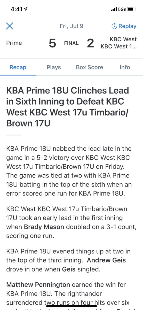 Another strong day for the 17/18u team at the <a href="/Crossroads_BB/">Crossroads Baseball Series</a> #BluegrassClassic in Louisville with a win over KBC West.

<a href="/officialtb7_/">Tre Brown</a> 3-4, 1 2B, 3 SB
<a href="/chase_zipper/">zip</a> 1-3, 3B, 1 RBI, 1 SB
<a href="/austin_v_11/">Austin Vincent</a> 1-2 , 2 SB
<a href="/8Matt33/">Matthew Pennington</a> 6.1 IP, 4H, 2R, 4Ks 
<a href="/Mexicanmissile/">Reyes Martinez</a> .2 IP, 0H, 0ER, 2Ks