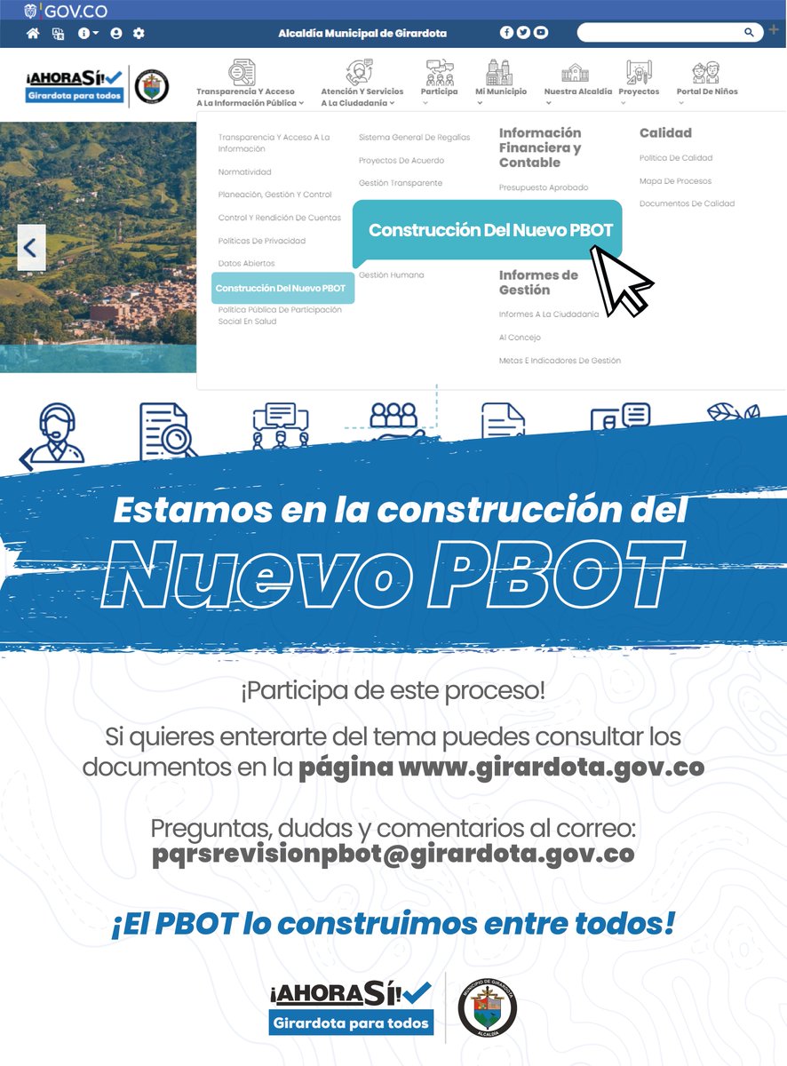 Invitamos a la todos los Girardotanos a construir el nuevo PBOT. Ingresa en este enlace y consulta los avances del proceso: 

girardota.gov.co/Transparencia/…

#PBOT #2021ElAñoDeLaEsperanza #PlaneacciónyDesarrolloMunicipal
