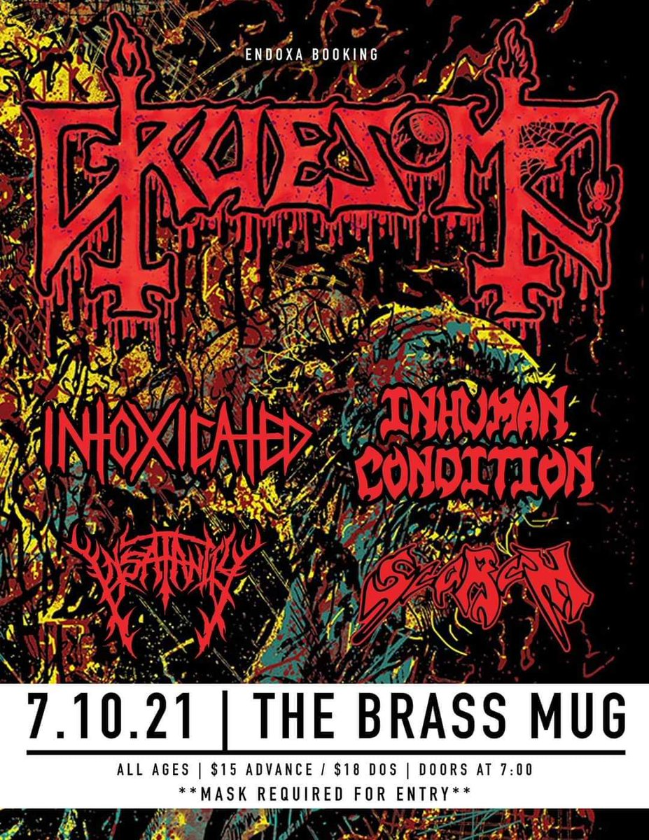 BandInhuman's tweet image. Tomorrow night we shred at the Brass Mug, and we will have our good bud Lee Harrison filling in on drums! Come out and see a bunch of killer bands! 
#inhumancondition #inhumanconditionband #ratgod #leeharrison #monstrosity #terrorizer