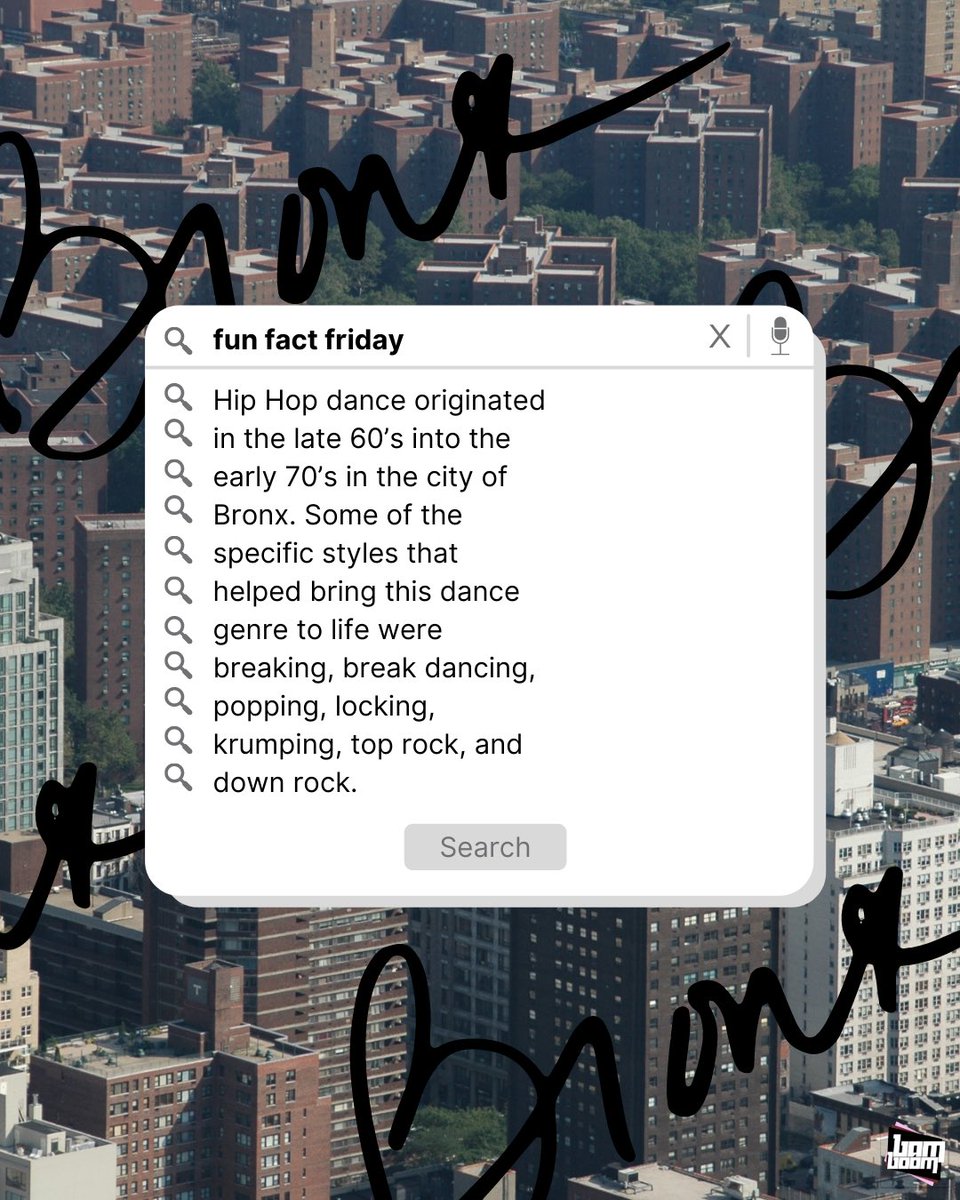 Every Friday of July, we will be sharing a fun fact about dance. Stay tuned for more!

Hip hop dance originated in the Bronx during the late 60’s. The dance genre included styles such as breaking, break dancing, popping, locking, krumping, top rock, and down rock.