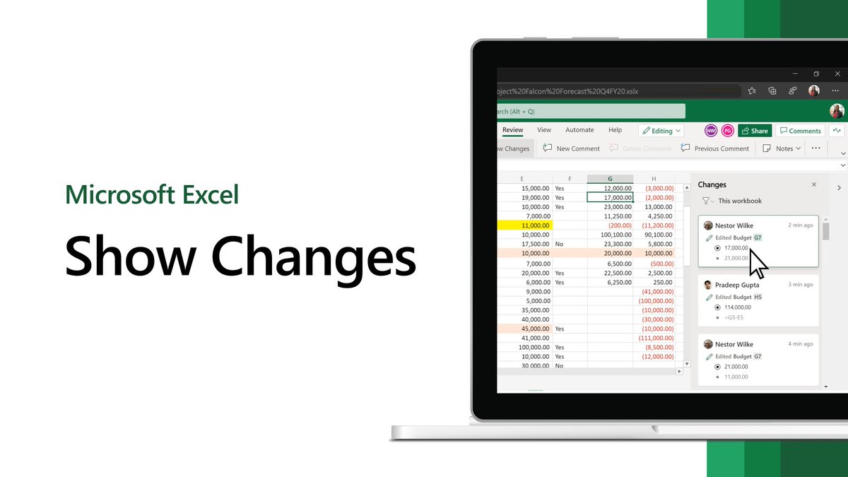 Text reads, Microsoft Excel Show Changes. Laptop screen displaying an Excel spreadsheet show changes feature 
