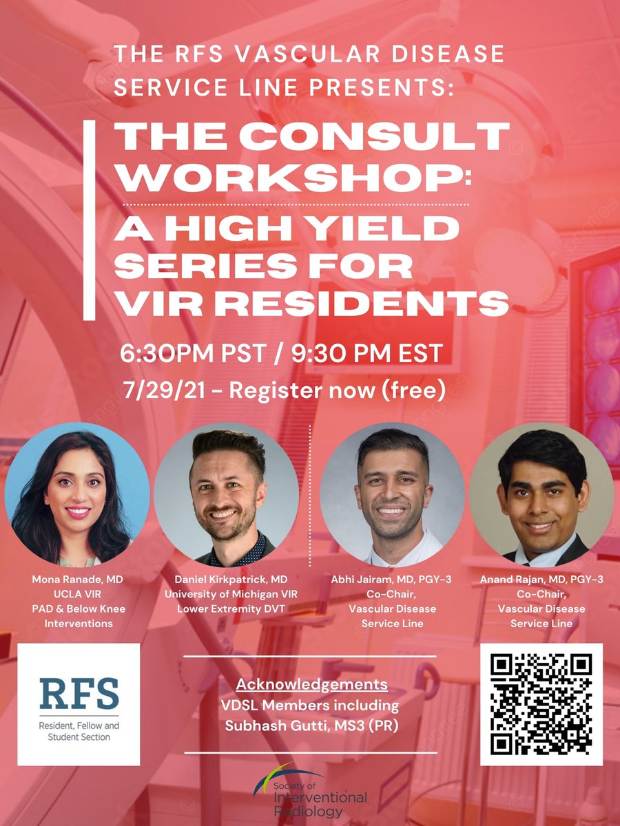 VIR/DR Trainees: Learn how to approach the common consults we see to prepare for your #irad rotations and beyond. <a href="/msran124/">Mona Ranade</a> and <a href="/DLKVIR/">Daniel Kirkpatrick</a> will discuss work-up to management for BTK PAD and LE DVT, and of course will show plenty of cases to kick off this next academic year! <a href="/SIRRFS/">SIR RFS</a>