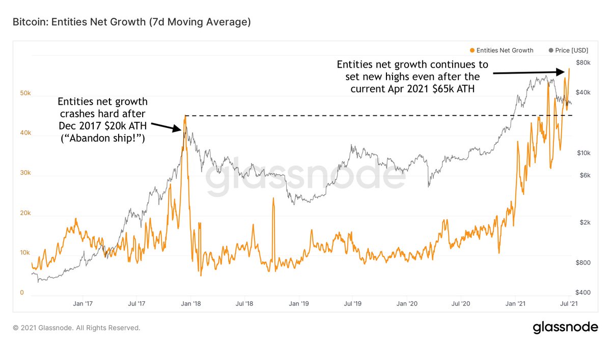 This is probably the most fascinating #Bitcoin on-chain data chart right  now IMO The # of entities on the network continues to set new highs during  this price dip since the recent