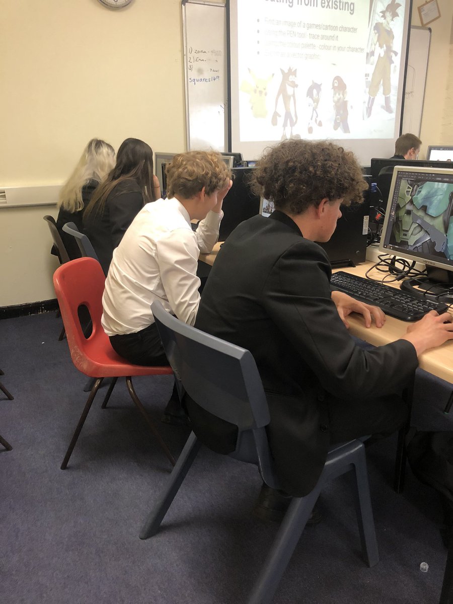 MediaHolyrood's tweet photo. Graphic designers in the making!  Year 10 iMedia putting their skills and utmost concentration tracing retro game characters using Adobe Illustrator. Simply amazing. One very proud teacher. #teamholyrood @HolyroodAcademy 🏳️‍🌈#LGBTQ #shineawards https://t.co/8aiaVuUoKW