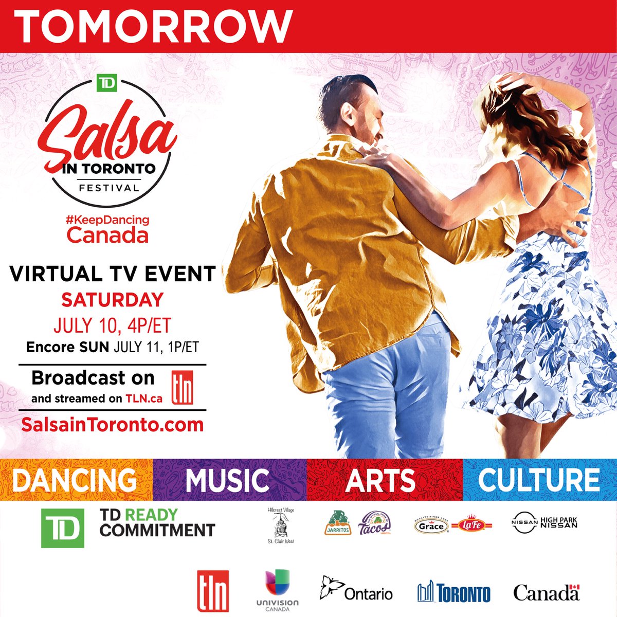 SalsaInToronto's tweet photo. Tomorrow is the day we have all been waiting for!! The TD Salsa in Toronto Festival starts at 4PM/ET TOMORROW, on @TLNTV and https://t.co/Y6HEchH6Gz! Show us how your celebrating by tagging us in any pictures/videos during the broadcast! #KeepDancingCanada #TDSalsainTO @TD_Canada https://t.co/pzikZpky23