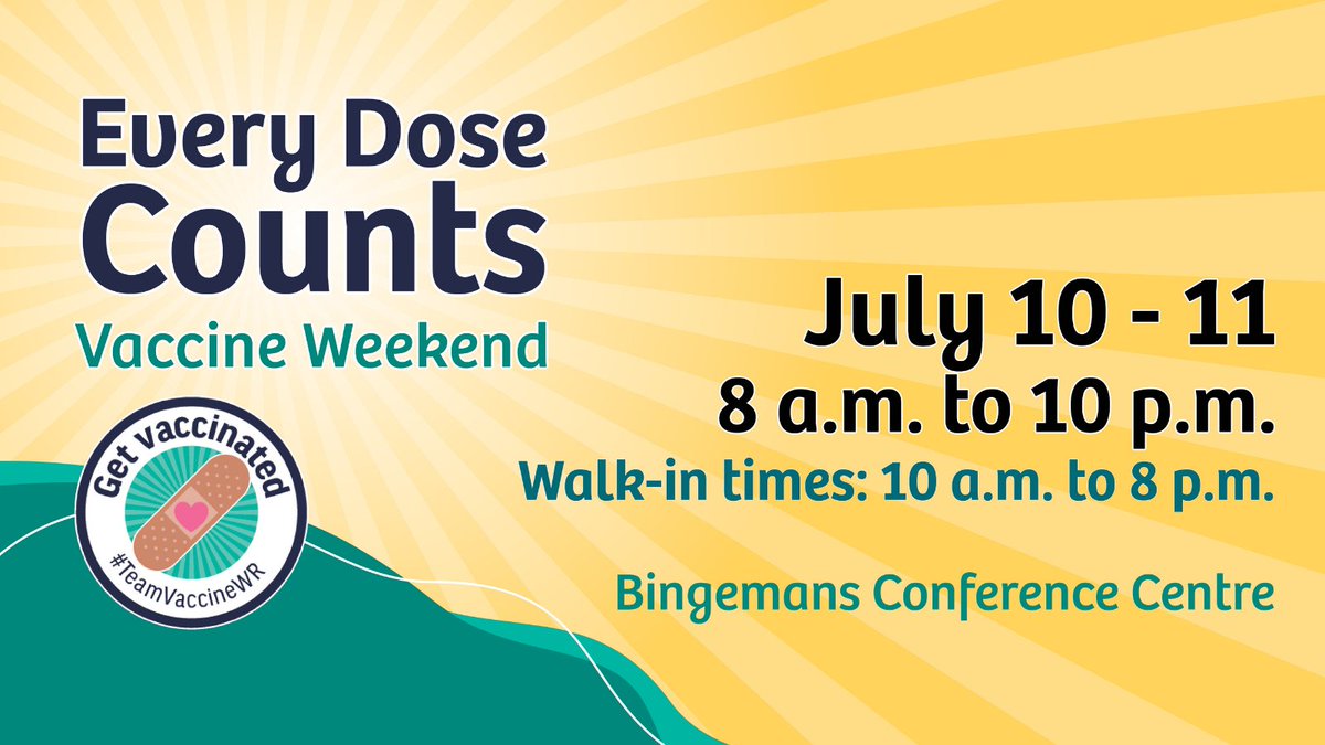 💙Get vaccinated to protect your family, your friends, your neighbours, your community
🔔This weekend only at Bingemans Conference Centre – walk-ins welcome for first AND eligible second doses
➡️12+
🆔Bring your health card or another piece of ID
▶️regionofwaterloo.ca/VaccineClinics
