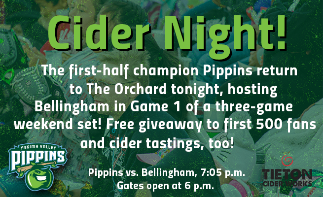 PippinsBaseball's tweet photo. The Pippins are back home tonight as first-half champions, and it's also Tieton Cider Works' Cider Night! Free tastings for fans 21 and older, and free giveaway to the first 500 fans. First pitch is at 7:05, and gates open at 6! #yvpippins #morefunin21 #firsthalfchamps https://t.co/WvLUKSrvbI