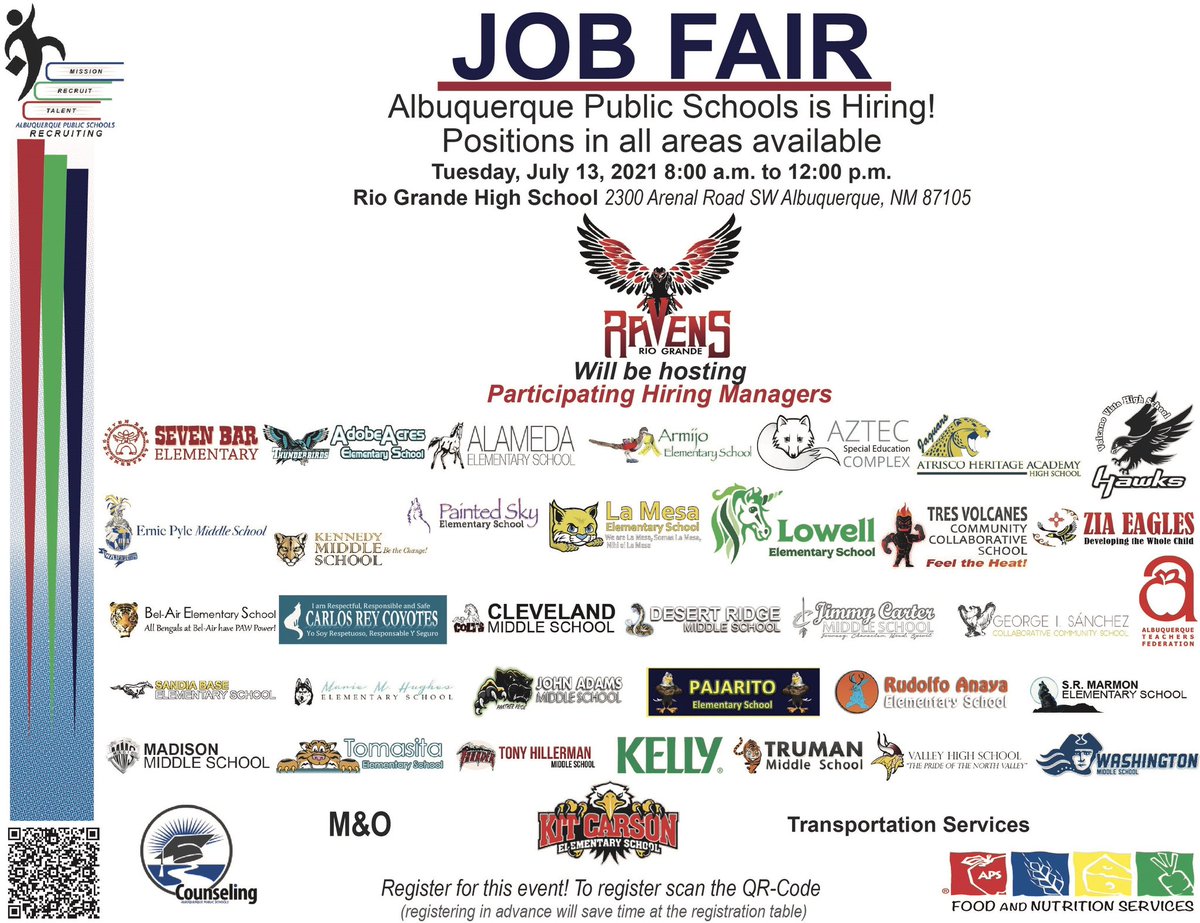 APS Recruitment (@apsrecruitment) on Twitter photo Couldn’t make it to our last job fair?No problem, we got you covered! We are hosting our All Positions at Rio Grande HS on July 13, 2021. Check out all hiring managers that will participating at this event. <a href="/RavensRGHS/">Rio Grande Ravens</a> <a href="/ABQschools/">Albuquerque Public Schools</a> Couldn’t make it to our last job fair?No problem, we got you covered! We are hosting our All Positions at Rio Grande HS on July 13, 2021. Check out all hiring managers that will participating at this event. <a href="/RavensRGHS/">Rio Grande Ravens</a> <a href="/ABQschools/">Albuquerque Public Schools</a>