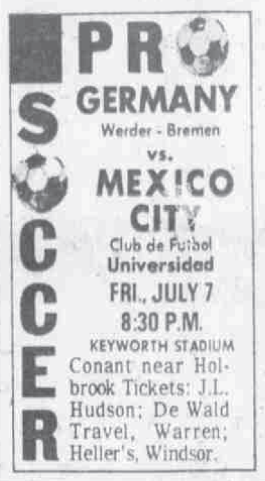 silveragesoccer's tweet photo. 7 Jul 1972 @werderbremen 🇩🇪 downs @PumasMX 🇲🇽 2-1 before a crowd of 4,000 at Keyworth Stadium, Hamtramck. Tempers boiled over after a late second-half goal for Pumas and referee Hans Schwink called the game with a few minutes to play.
[Detroit Free Press 8 Jul 1972] https://t.co/cBgygv0paw