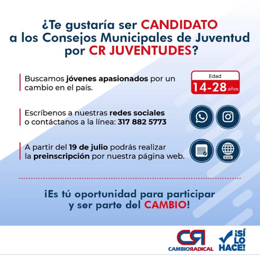 Es momento de construir país de la mano de los jóvenes 📣🏛🇨🇴

Si tienes entre1️⃣4️⃣y2️⃣8️⃣años podrás ser candidato de nuestro partido @pcambioradical en las elecciones de los Consejos Municipales y Locales de Juventud, un espacio clave para el fortalecimiento de nuestra democracia.