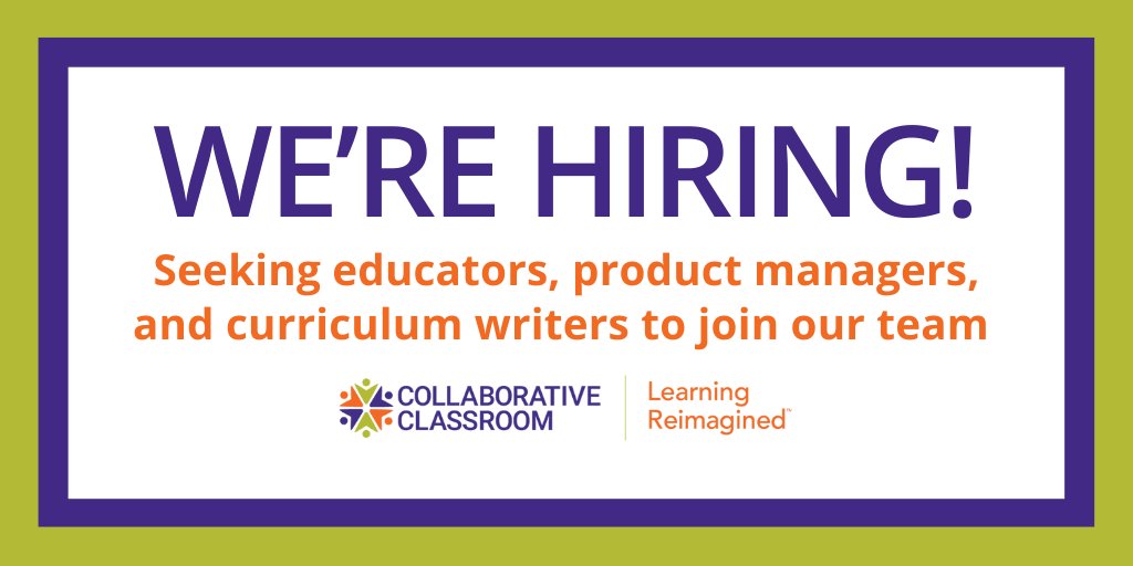 My employer <a href="/CollabClassroom/">Collab Classroom</a> is #hiring! If you’re a current or former #educator or #productmanager, check out these #career opportunities to join this #nonprofit, mission-driven organization. Learn more collaborativeclassroom.org/about/careers/