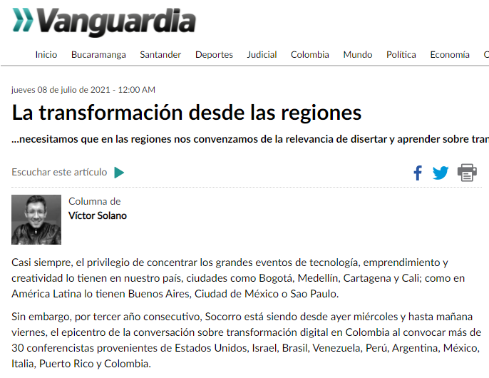 Solano's tweet photo. #Opinión 'La transformación desde las regiones', mi columna en @vanguardiacom https://t.co/4YJgAWwb0l; podcast https://t.co/1WPbosUACK #DigitalTransforma2021 cc @GrandesGenios @CCBucaramanga @fenalsander @andi @CocreaOrg @InnpulsaCol @C4IRColombia @GobdeSantander @SocorroAlcaldia https://t.co/WwybTiXzjv