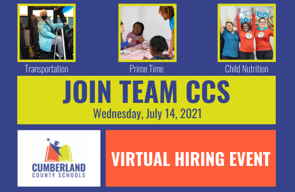 CumberlandCoSch's tweet photo. Join Team CCS! There will be a Virtual Hiring Event next Wednesday, July 14, 10:00 a.m.-1:00 p.m. Registration is open for virtual interviews for candidates interested in working for Child Nutrition, Prime Time, and Transportation. Register now at: https://t.co/mdjZQsIeX6. https://t.co/YDNAJZfmuB